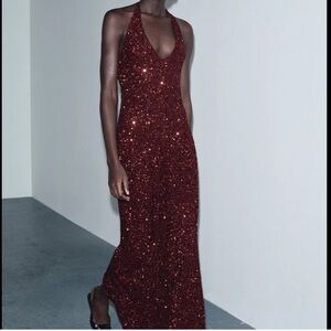 Zara Burgundy sequin halter dress